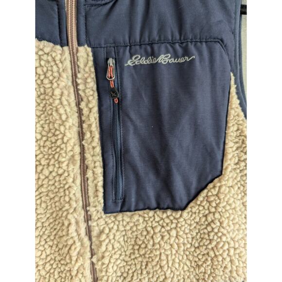 Eddie Bauer Sherpa Vest Fleece Deep Pile Tan and Navy Blue Men's Sz Sm - Picture 4 of 8